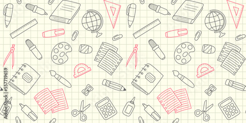 Gray and red outline school supplies and office stationary on a yellow notebook sheet in a cell. Back to school endless texture and education concept. Vector seamless pattern for office supply store