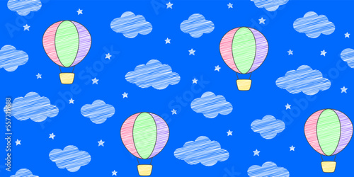 Colorful hot air balloons with linear texture, white clouds and stars on a blue background. Endless texture with aerostat in the sky. Vector seamless pattern for cover, giftwrap, wrapping paper, print