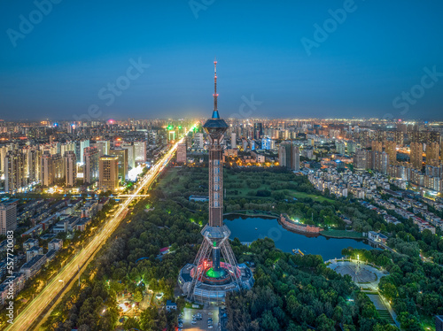Aerial shot of Shijiazhuang TV Tower  Century Park and Golf Club  Shijiazhuang City  Hebei Province  China