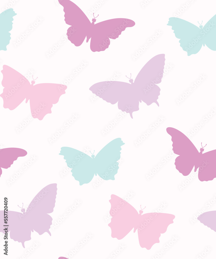 Vector butterfly seamless repeat pattern design background. Random colorful butterfly silhouette, cute girly pastel pattern. Vector butterfly seamless repeat pattern design background. Random colorful butterfly silhouette, cute girly pastel pattern.