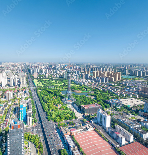 Aerial shot of Shijiazhuang TV Tower, Century Park and Golf Club, Shijiazhuang City, Hebei Province, China © Changyu