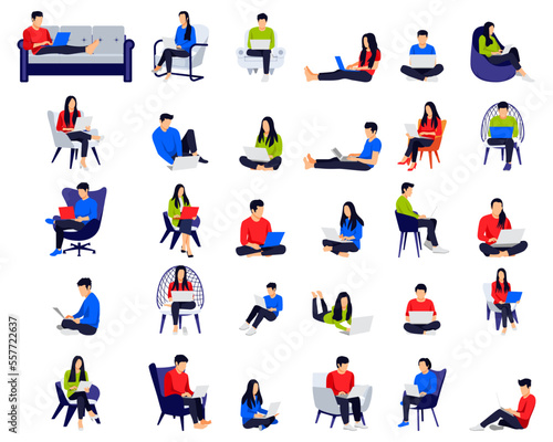 Freelancer character big set male and female sitting on sofa armchair doing work on laptop with different pose and position isolated on white background