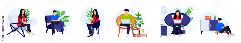 Freelancer character set male and female sitting on sofa armchair doing work on laptop with houseplant isolated Freelancer character set male and female sitting on sofa armchair doing work on laptop with houseplant isolated
