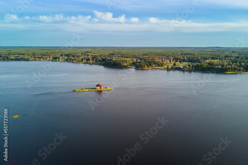 Aerial view of St. Meinard's island in Ikskile, Latvia