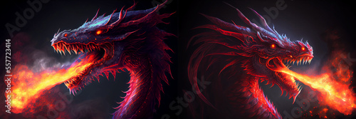 Couple Red Dragon Breathing Fire. Mythology Dragon Creature Dark Fantasy illustration Ideas Created with Generative Ai