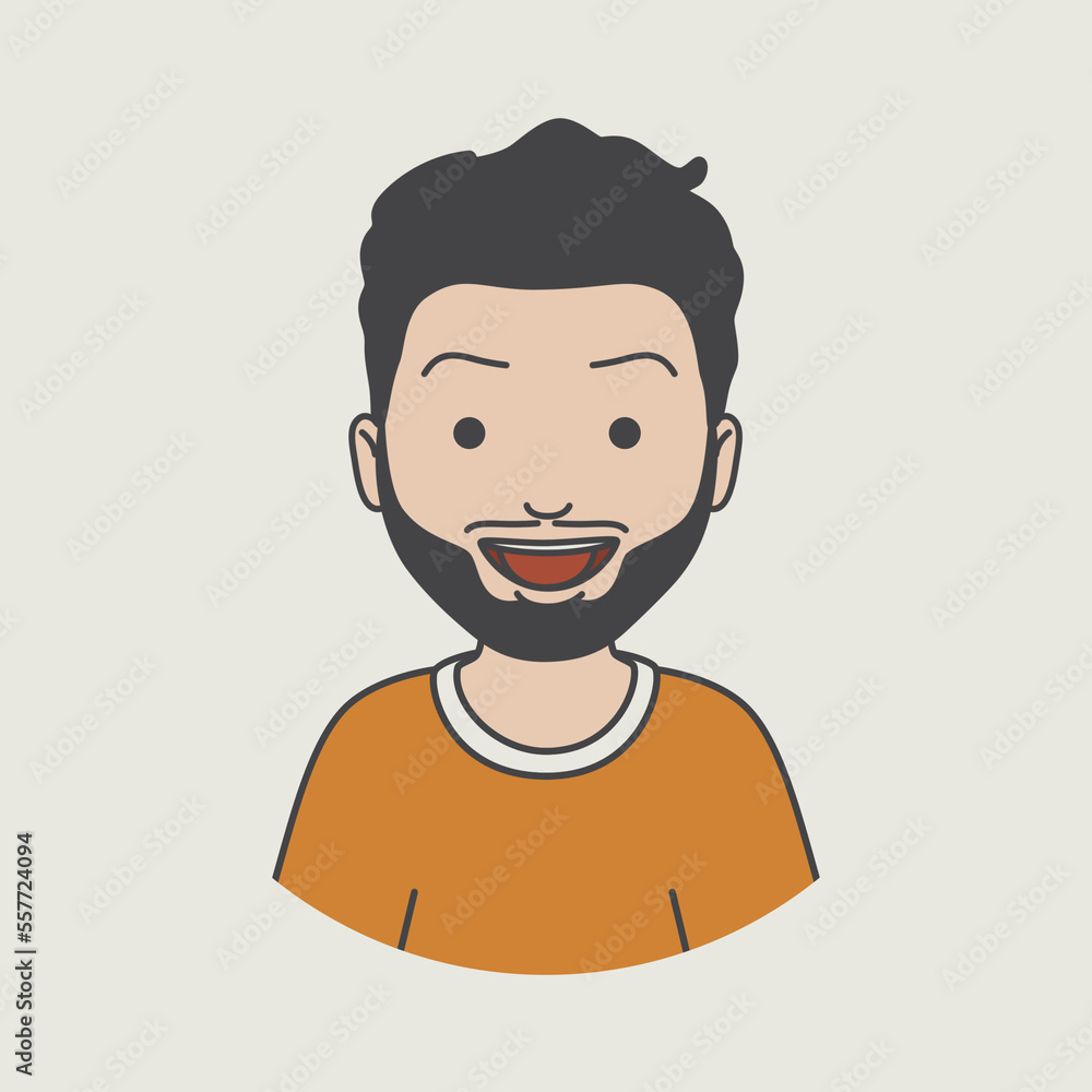 big smiling human face icon, bearded man avatar character, Flat cartoon style illustration