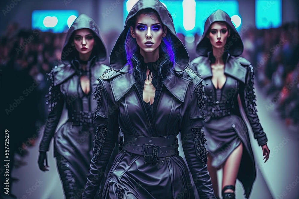 Futuristic fashion show with beautiful women model and futuristic outfit.  Generative Ai, Not a real person Stock Photo