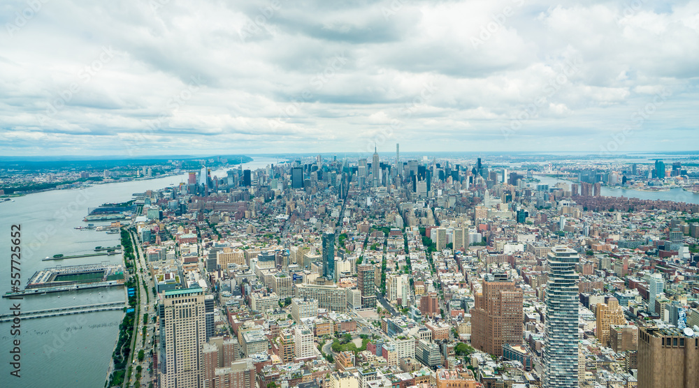 Fototapeta premium Colourful wide angle photo of Manhattan island midtown New York cityscape of streets and buildings