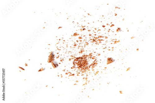 Pile cinnamon scrape, powder isolated on white, top view