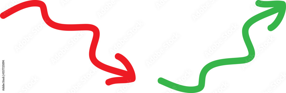 Graph going Up and Down sign with green and red arrows vector. Flat design vector illustration concept of sales bar chart symbol icon with arrow moving down and sales bar chart with arrow moving up. Graph going Up and Down sign with green and red arrows vector. Flat design vector illustration concept of sales bar chart symbol icon with arrow moving down and sales bar chart with arrow moving up.