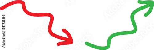 Graph going Up and Down sign with green and red arrows vector. Flat design vector illustration concept of sales bar chart symbol icon with arrow moving down and sales bar chart with arrow moving up.