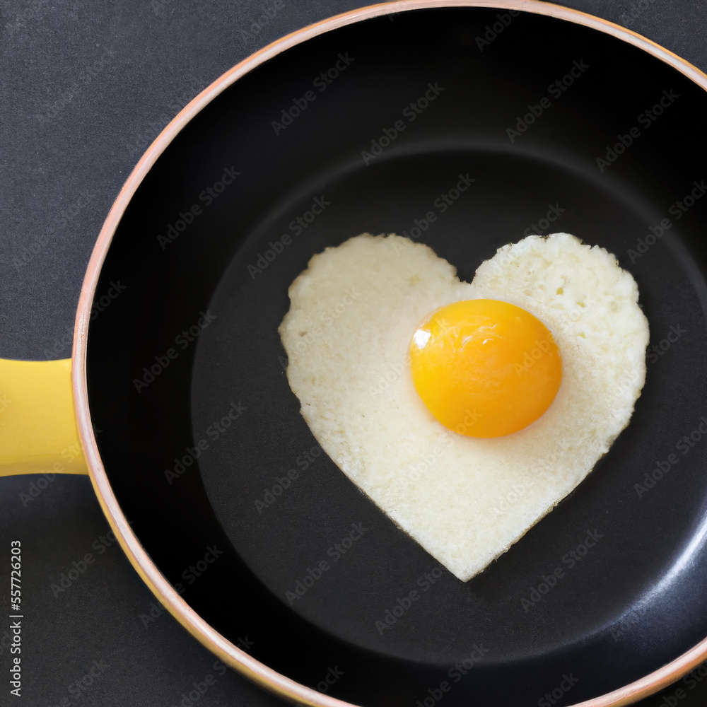 Heart-shaped egg frying on kitchen pan, top view. Generative AI. Heart-shaped egg frying on kitchen pan, top view. Generative AI.