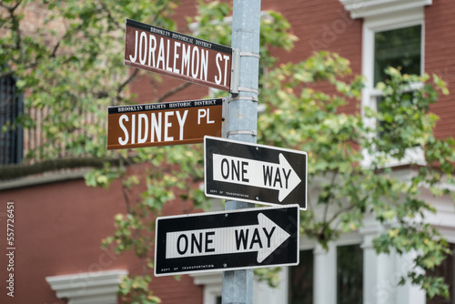 New York street signs of Joralemon st and Sidney Pl, one way © Kaspars