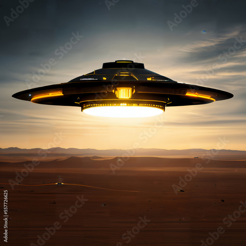 alien saucer with a black metalic shape flying in the middle of the day in the Mohave desert