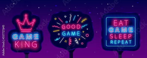 Game design neon billboards collection. Good game with confetti. Eat, sleep and repeat text. Vector stock illustration