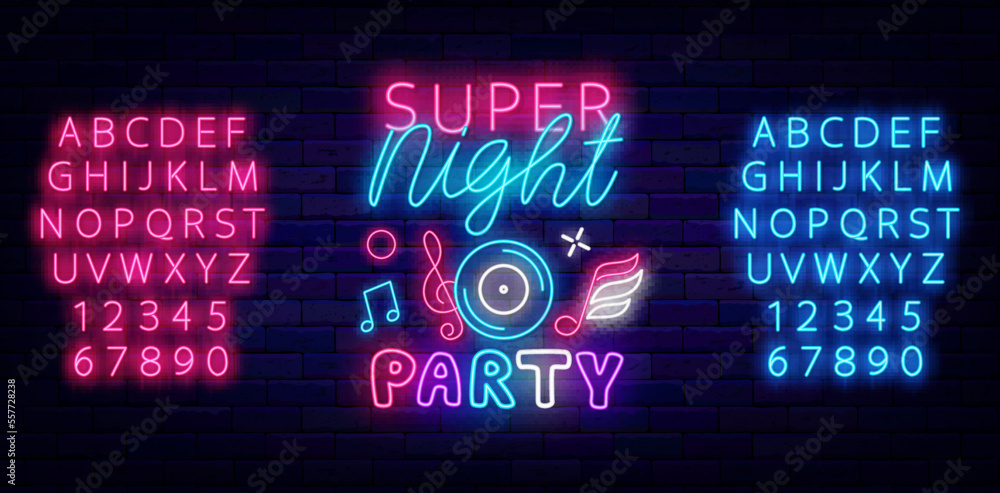 Super night party neon sign on brick wall. Disk and musical notes. Vector stock illustration