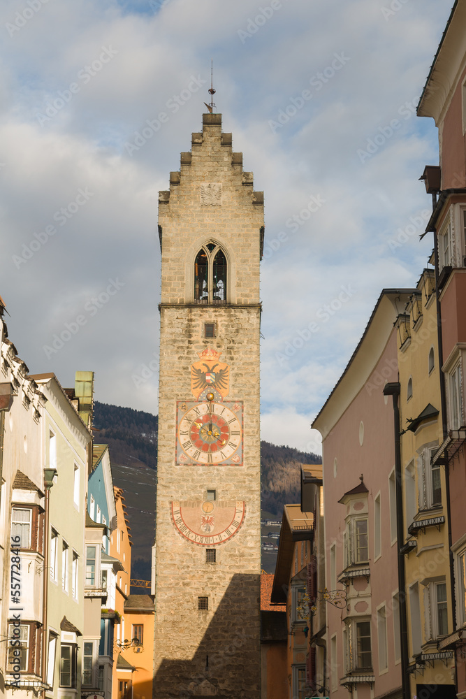 View of Vipiteno (Sterzing), Italy, the Zwoelferturm tower (Tower of the twelve), a landmark of the old town in South Tyrol