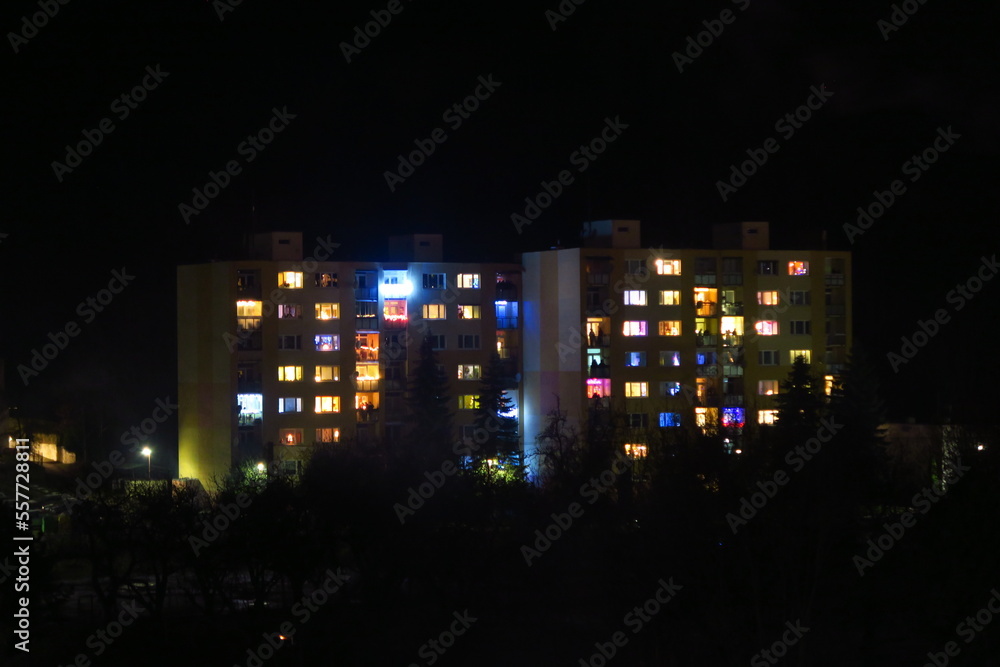 tower building in black dark night with very colorful illumination and lights in kremnica in slovakia tower building in black dark night with very colorful illumination and lights in kremnica in slovakia