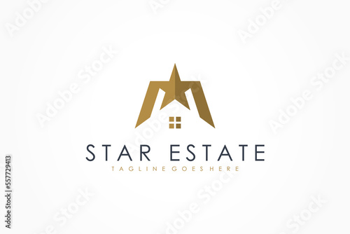 House Logo. Gold House Symbol with Star Combination isolated on White Background. Usable for Real Estate, Construction, Architecture and Building Logos. Flat Vector Logo Design Template Element.
