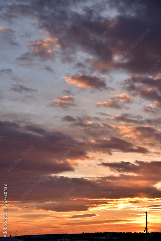 Obraz premium Sunset evening. Beautiful clouds on the horizon. Evening sunset and red-blue clouds and sun.