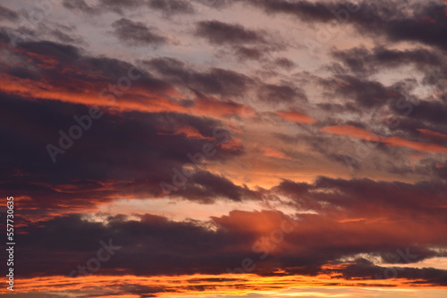 Sunset evening. Beautiful clouds on the horizon. Evening sunset and red-blue clouds and sun.