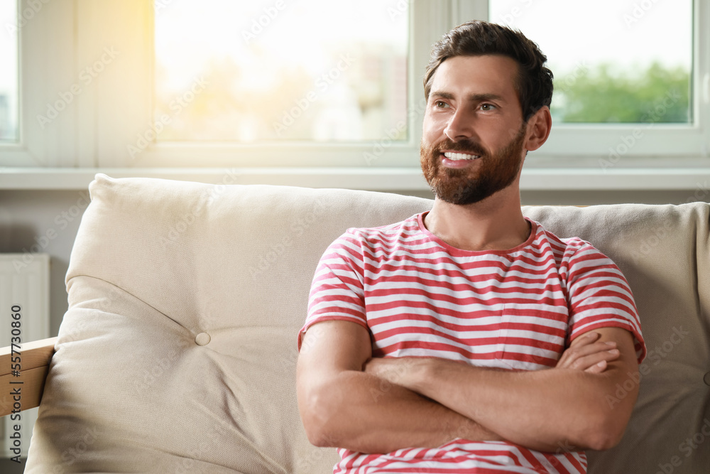 Portrait of handsome bearded man on sofa at home, space for text Portrait of handsome bearded man on sofa at home, space for text