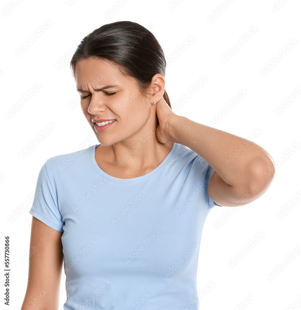 Young woman suffering from neck pain on white background Young woman suffering from neck pain on white background
