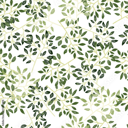 Hand drawn branches with leaves seamless pattern. Botanical sketch background. Decorative forest twig endless wallpaper.