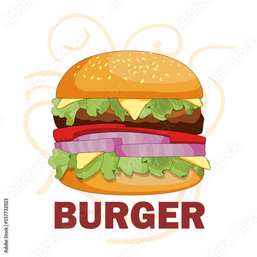 Burger ordered on the fast food menu. Hamburger with cutlet  tomatoes and onion. Logo icon vector illustration design.