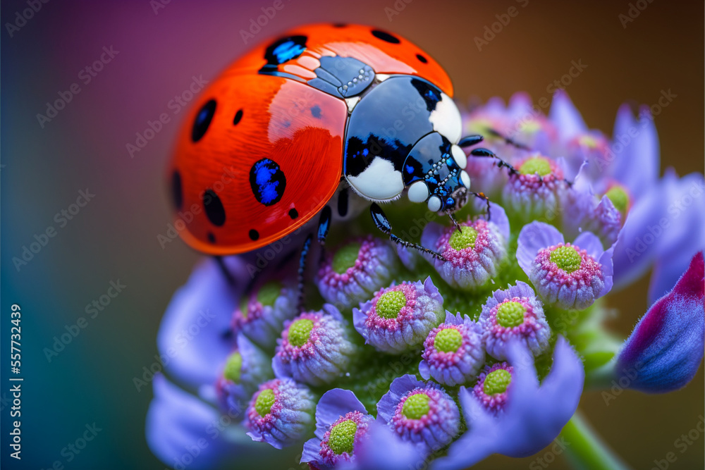 Ladybug on flower macro closeup Generative AI - obrazy, fototapety, plakaty 