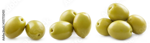 Set of delicious green olives, isolated on white background