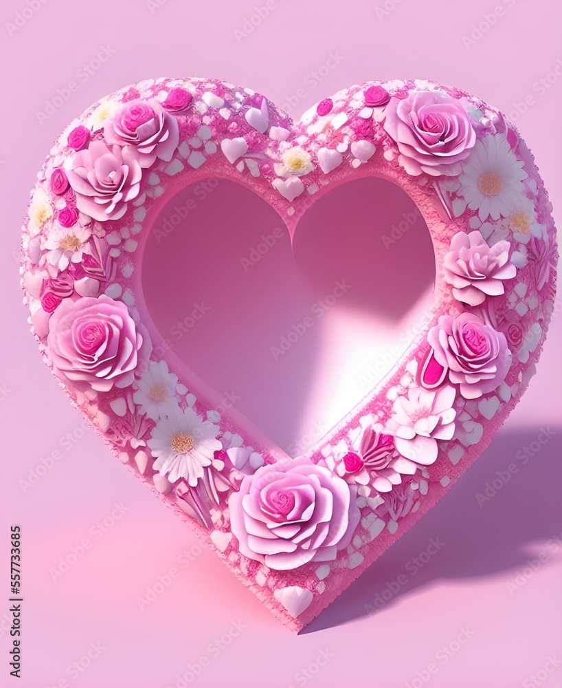 heart shaped pink rose petals, pink floral heart on pink background 