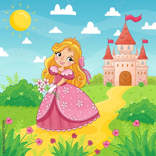 Cute little girl and princess in a pink beautiful dress stand on a background of a castle in a green meadow. Vector illustration in a cartoon style.
