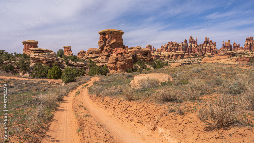 hiking the chesler park loop trail in the needles in canyonlands national park, usa hiking the chesler park loop trail in the needles in canyonlands national park, usa