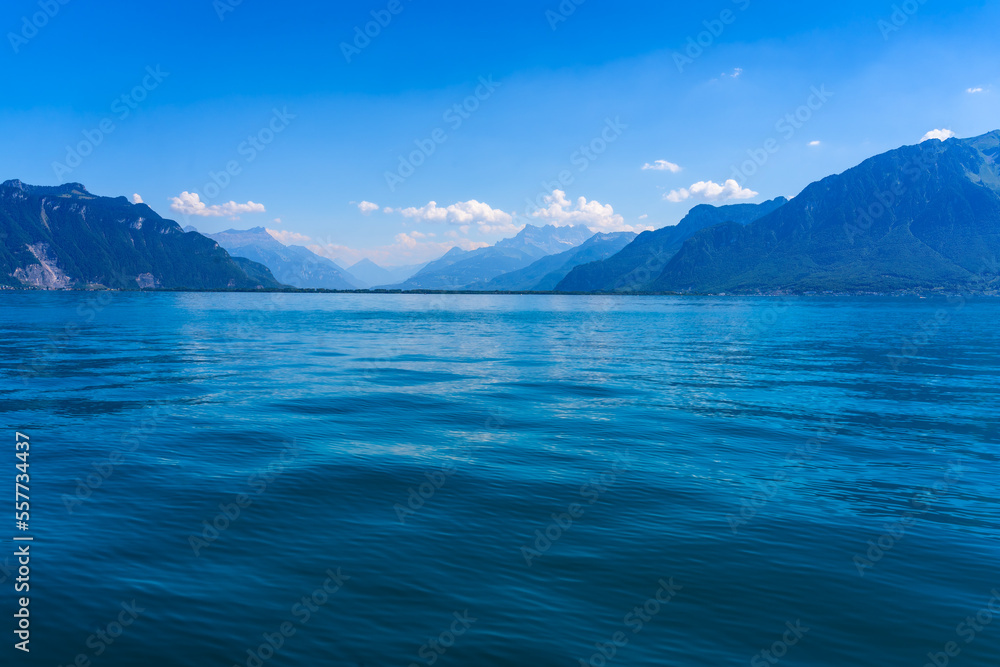 View of the Swiss Alps across Lake Geneva