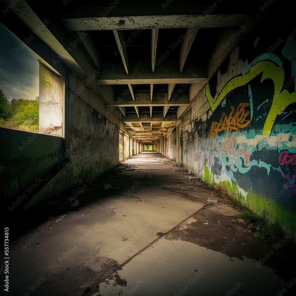 A spooky empty underpass filled with graffiti and garbage.