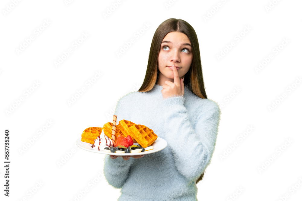 Teenager girl holding waffles over isolated chroma key background having doubts while looking up Teenager girl holding waffles over isolated chroma key background having doubts while looking up