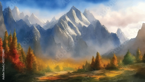 Beautiful Mountains Landscape Watercolor Painting Vector Illustration