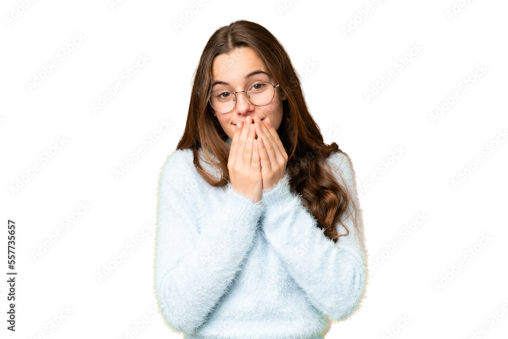Teenager girl over isolated chroma key background happy and smiling covering mouth with hands Teenager girl over isolated chroma key background happy and smiling covering mouth with hands
