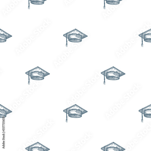 Graduate hat engraved seamless pattern. Vintage element education in hand drawn style. Sketch texture for fabric, wallpaper, textile, print, title, wrapping paper. Vector illustration.
