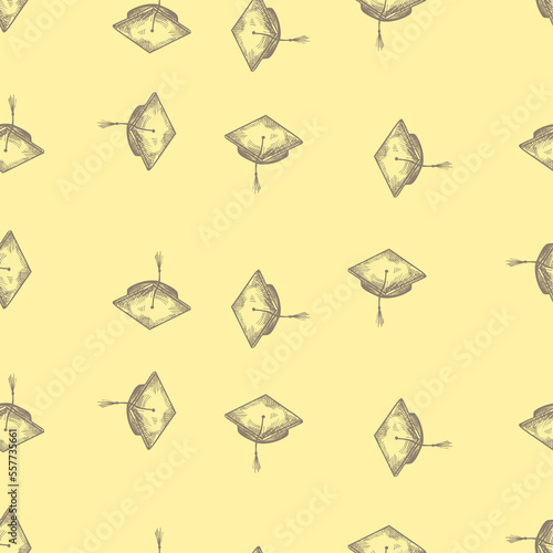 Graduate hat engraved seamless pattern. Vintage element education in hand drawn style. Sketch texture for fabric, wallpaper, textile, print, title, wrapping paper. Vector illustration.
