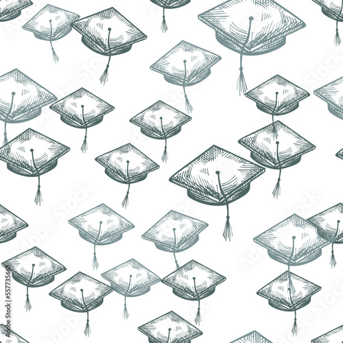 Graduate hat engraved seamless pattern. Vintage element education in hand drawn style. Sketch texture for fabric, wallpaper, textile, print, title, wrapping paper. Vector illustration.