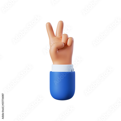3d illustration. Two fingers social icon. Cartoon character hand victory gesture. Business success clip art isolated on white background.