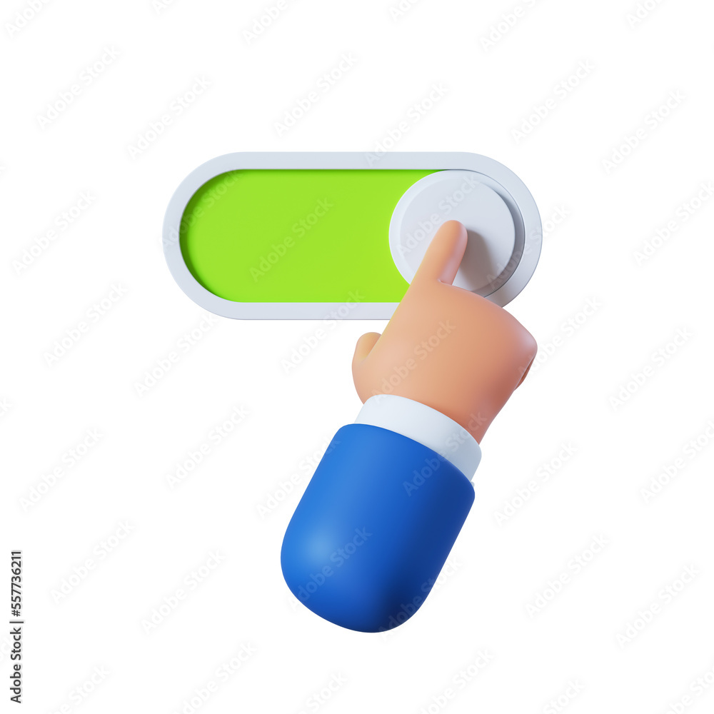 3d render, cartoon character hand activating the button, slide bar icon isolated on white background 3d render, cartoon character hand activating the button, slide bar icon isolated on white background