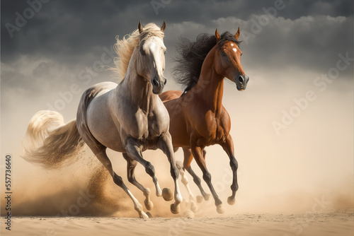 Two Gallop of Arabian Horses in Dust at Sahara Desert 