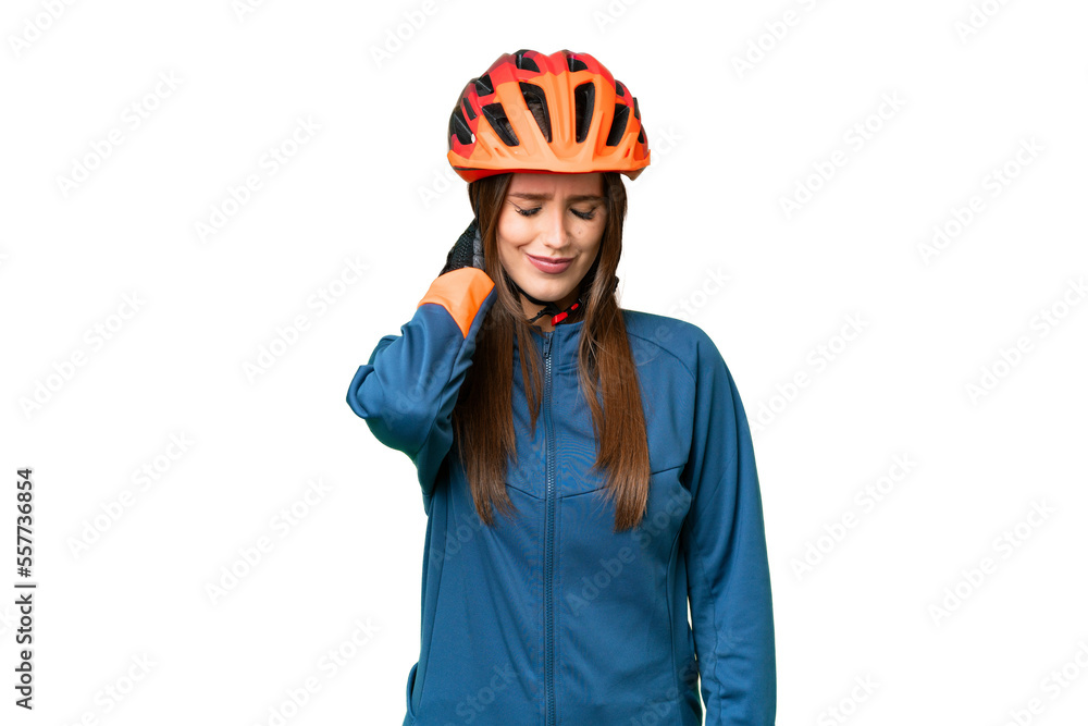 Young cyclist woman over isolated chroma key background with neckache - obrazy, fototapety, plakaty 