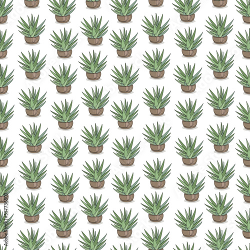 Aloe vera cartoon character seamless pattern on green background. Vector illustration.
