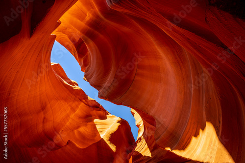 looking up the antelope canyon illuminated in red color