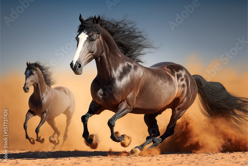 two Arabian stallion horse running in action at Sahara desert 