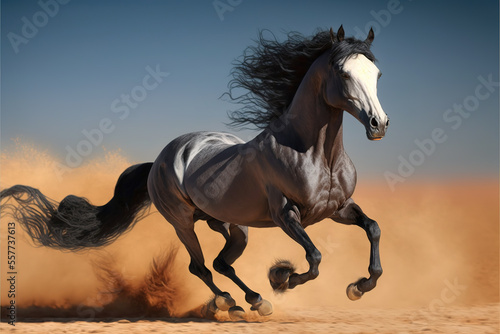 One Gallop of Arabian Horses in Dust at Sahara Desert , generative ai 